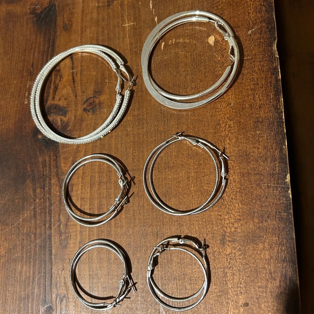Silver Tone Hoop Earrings Set 6 Pairs Multipack Varied Sizes Whimsigoth Boho - Picture 2 of 3